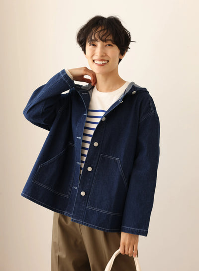 Versatile Denim Jacket with Hood, Cotton, 241002-1 