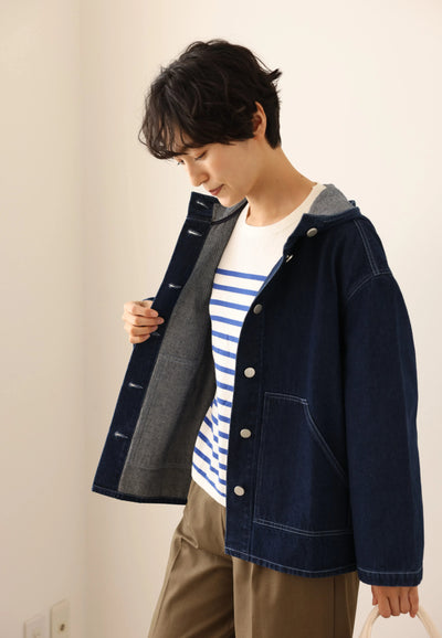 Versatile Denim Jacket with Hood, Cotton, 241002-1 