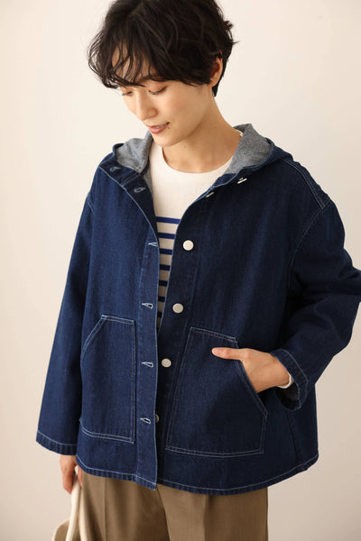 Versatile Denim Jacket with Hood, Cotton, 241002-1 