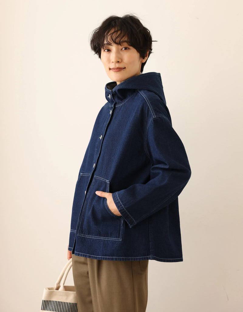 Versatile Denim Jacket with Hood, Cotton, 241002-1 