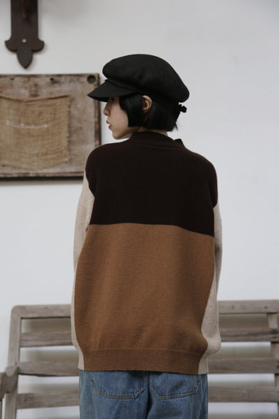 上品で雰囲気を醸し出す配色セーター　前後２wayセーター　ウールセーター ハイネック ニット　251006-1