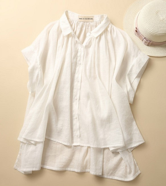 成人時尚質感亞麻襯衫女上衣襯衫短袖亞麻 190712 