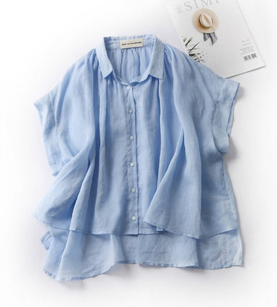 成人時尚質感亞麻襯衫女上衣襯衫短袖亞麻 190712 