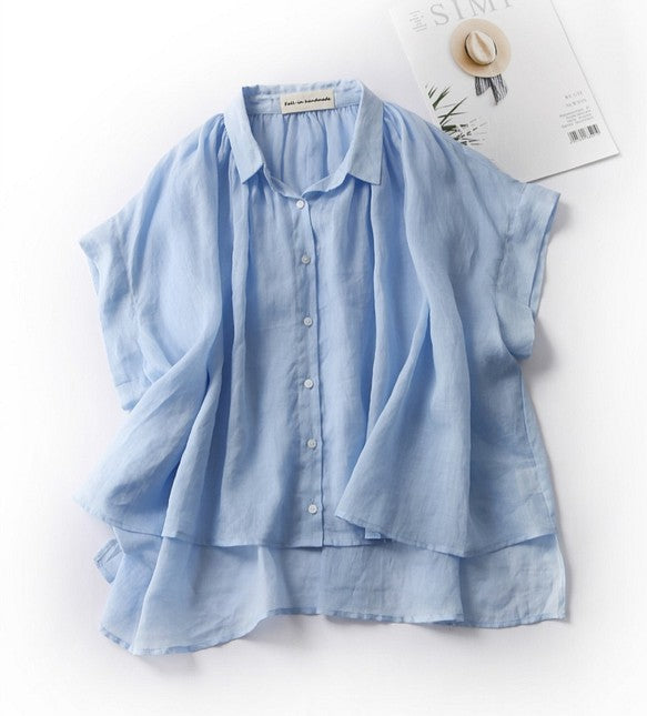 成人時尚質感亞麻襯衫女上衣襯衫短袖亞麻 190712 