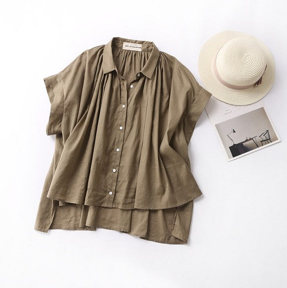 成人時尚質感亞麻襯衫女上衣襯衫短袖亞麻 190712 