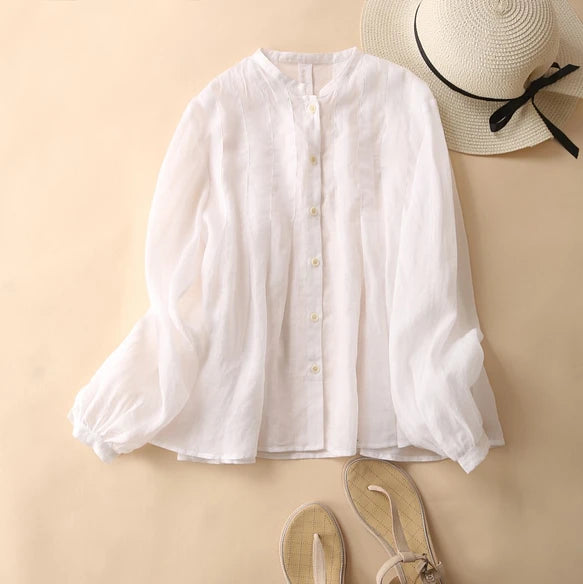 癒しの風合い♪ナチュラル麻100％ シャツ　日焼け止めトップス　前後タック入り　ホワイト　200802-1