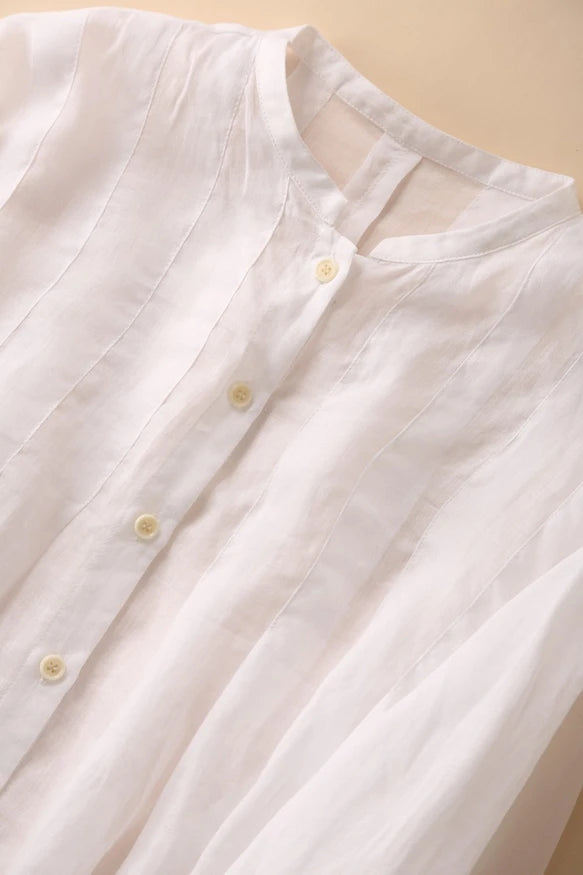 癒しの風合い♪ナチュラル麻100％ シャツ　日焼け止めトップス　前後タック入り　ホワイト　200802-1