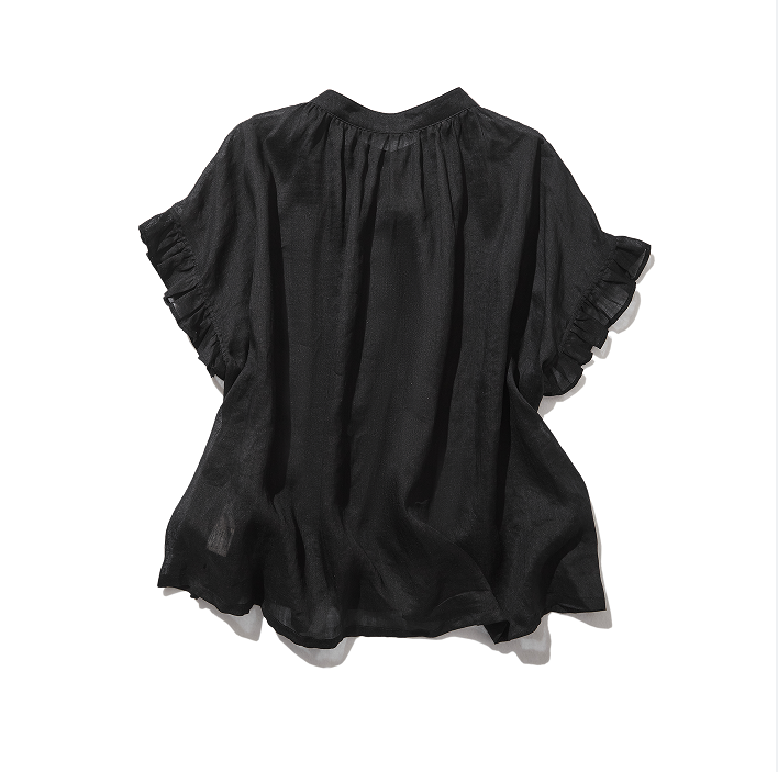 さらりと着心地良い　夏の定番シャツブラウス フリル袖 麻100％　220513