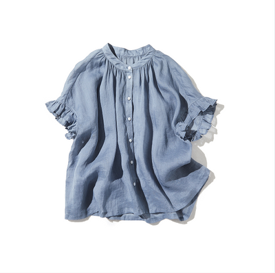 さらりと着心地良い　夏の定番シャツブラウス フリル袖 麻100％　220513