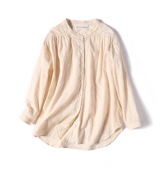 享受繡花布料 Yoke switch 聚攏襯衫上衣 米色 220203