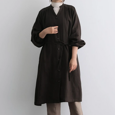 蓬鬆秋色罩衫裙配腰帶長袖連身裙三色 200910