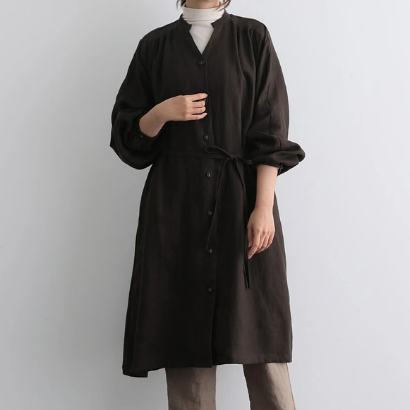 蓬鬆秋色罩衫裙配腰帶長袖連身裙三色 200910