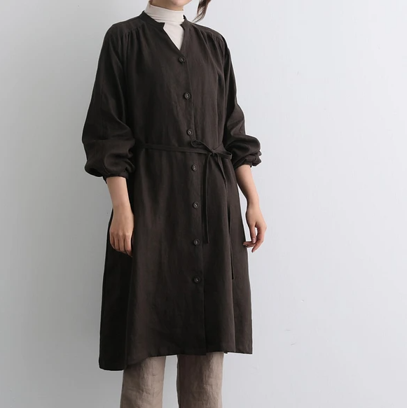 蓬鬆秋色罩衫裙配腰帶長袖連身裙三色 200910