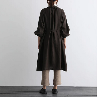 蓬鬆秋色罩衫裙配腰帶長袖連身裙三色 200910