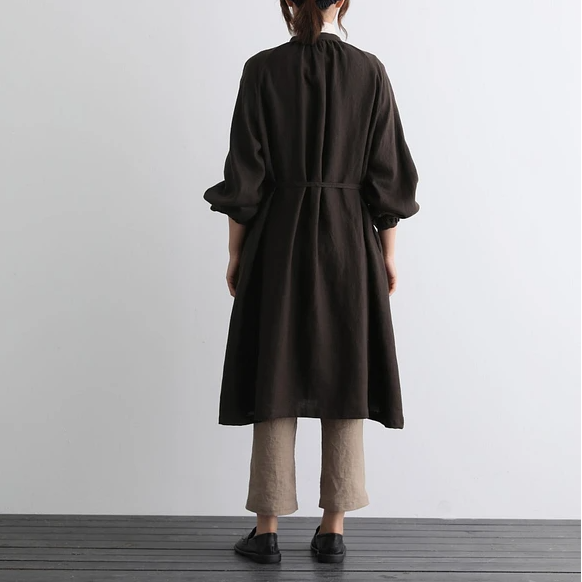 蓬鬆秋色罩衫裙配腰帶長袖連身裙三色 200910