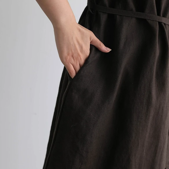 蓬鬆秋色罩衫裙配腰帶長袖連身裙三色 200910