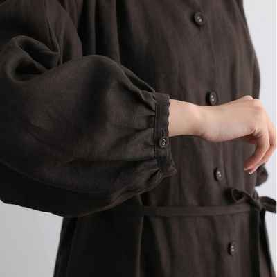 蓬鬆秋色罩衫裙配腰帶長袖連身裙三色 200910