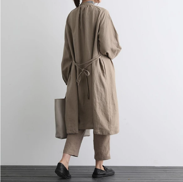 蓬鬆秋色罩衫裙配腰帶長袖連身裙三色 200910