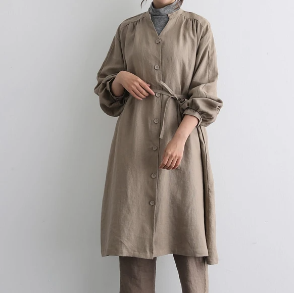 蓬鬆秋色罩衫裙配腰帶長袖連身裙三色 200910