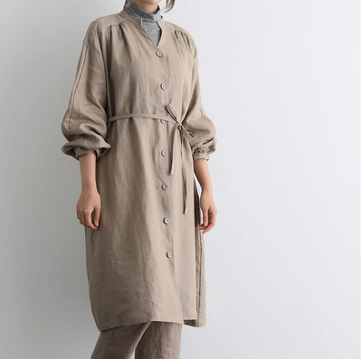 蓬鬆秋色罩衫裙配腰帶長袖連身裙三色 200910