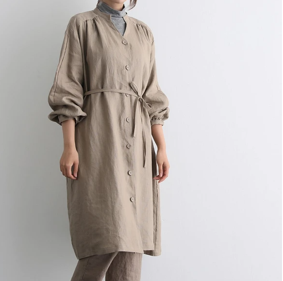 蓬鬆秋色罩衫裙配腰帶長袖連身裙三色 200910