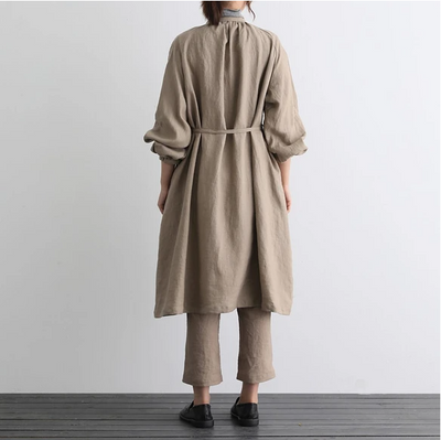 蓬鬆秋色罩衫裙配腰帶長袖連身裙三色 200910