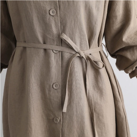 蓬鬆秋色罩衫裙配腰帶長袖連身裙三色 200910