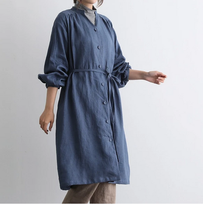 蓬鬆秋色罩衫裙配腰帶長袖連身裙三色 200910