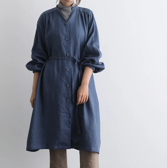 蓬鬆秋色罩衫裙配腰帶長袖連身裙三色 200910