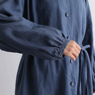 蓬鬆秋色罩衫裙配腰帶長袖連身裙三色 200910