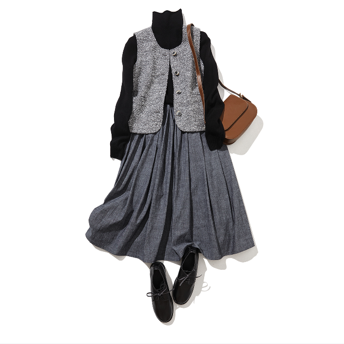 Moderately elegant denim skirt, tucked skirt, long skirt 221201-1