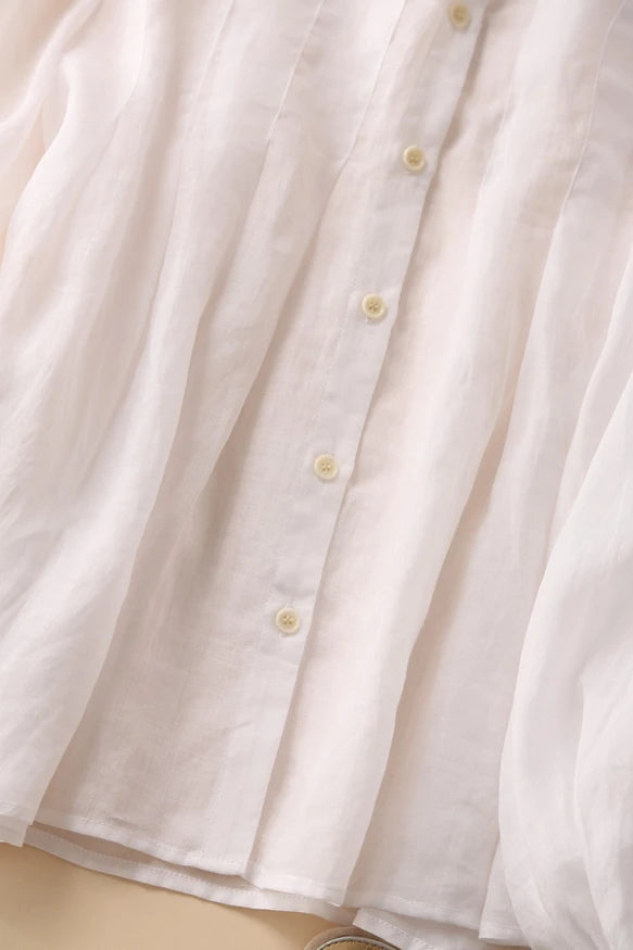 癒しの風合い♪ナチュラル麻100％ シャツ　日焼け止めトップス　前後タック入り　ホワイト　200802-1