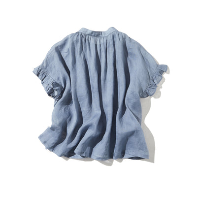 さらりと着心地良い　夏の定番シャツブラウス フリル袖 麻100％　220513