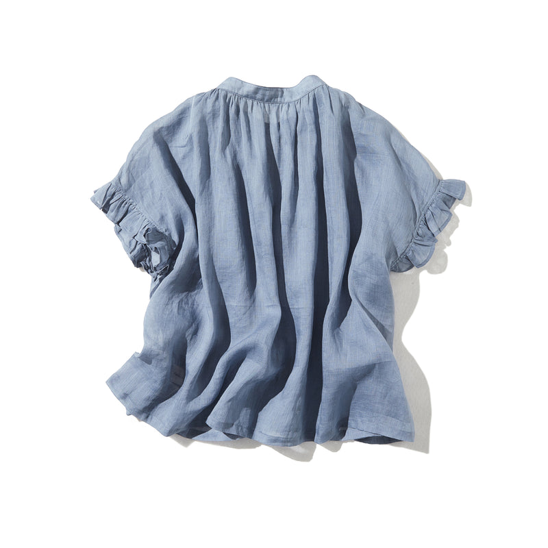 さらりと着心地良い　夏の定番シャツブラウス フリル袖 麻100％　220513