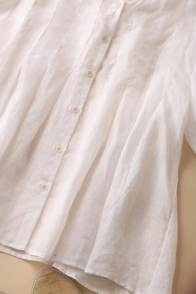 癒しの風合い♪ナチュラル麻100％ シャツ　日焼け止めトップス　前後タック入り　ホワイト　200802-1