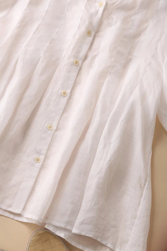 癒しの風合い♪ナチュラル麻100％ シャツ　日焼け止めトップス　前後タック入り　ホワイト　200802-1