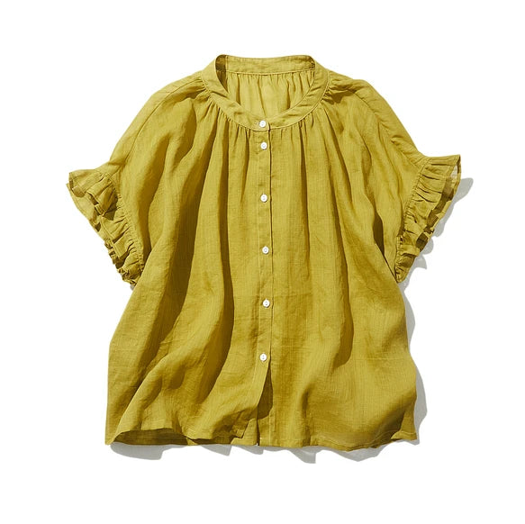 さらりと着心地良い　夏の定番シャツブラウス フリル袖 麻100％　220513
