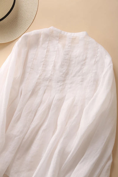 癒しの風合い♪ナチュラル麻100％ シャツ　日焼け止めトップス　前後タック入り　ホワイト　200802-1