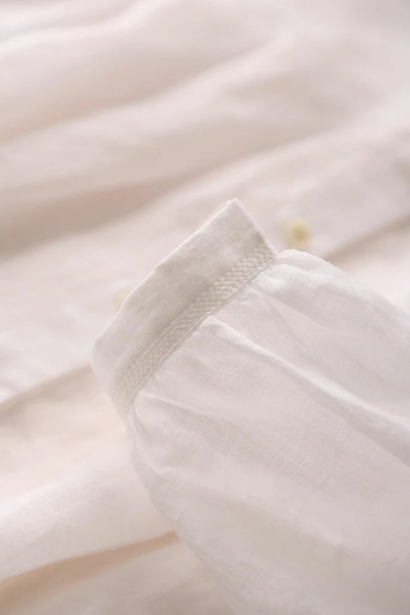 癒しの風合い♪ナチュラル麻100％ シャツ　日焼け止めトップス　前後タック入り　ホワイト　200802-1