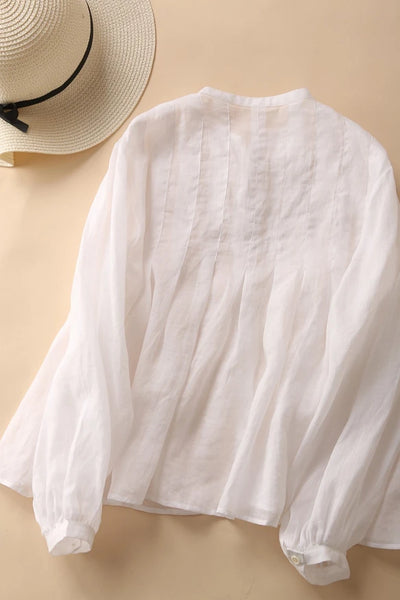癒しの風合い♪ナチュラル麻100％ シャツ　日焼け止めトップス　前後タック入り　ホワイト　200802-1