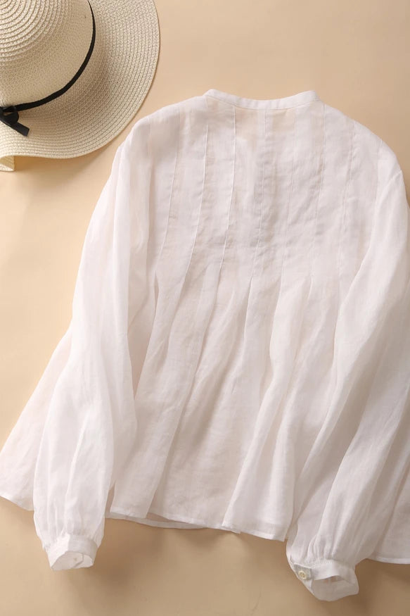 癒しの風合い♪ナチュラル麻100％ シャツ　日焼け止めトップス　前後タック入り　ホワイト　200802-1