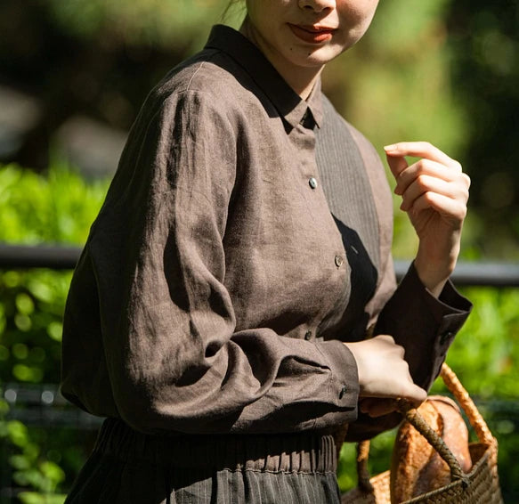 期間限定10％OFF★他にないデザイン♪ストライプ切替シャツ　リネン100％　長袖シャツ　グレー210801