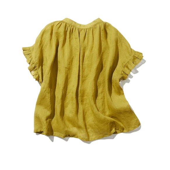 さらりと着心地良い　夏の定番シャツブラウス フリル袖 麻100％　220513