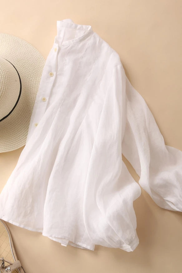 癒しの風合い♪ナチュラル麻100％ シャツ　日焼け止めトップス　前後タック入り　ホワイト　200802-1