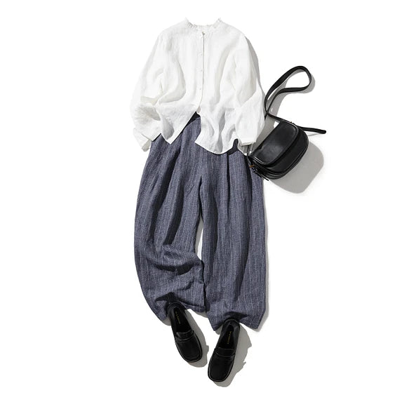 ★春季福袋★ 2件套：亞麻上衣（白色）+條紋高腰褲（3種顏色可選）210804-4 220308