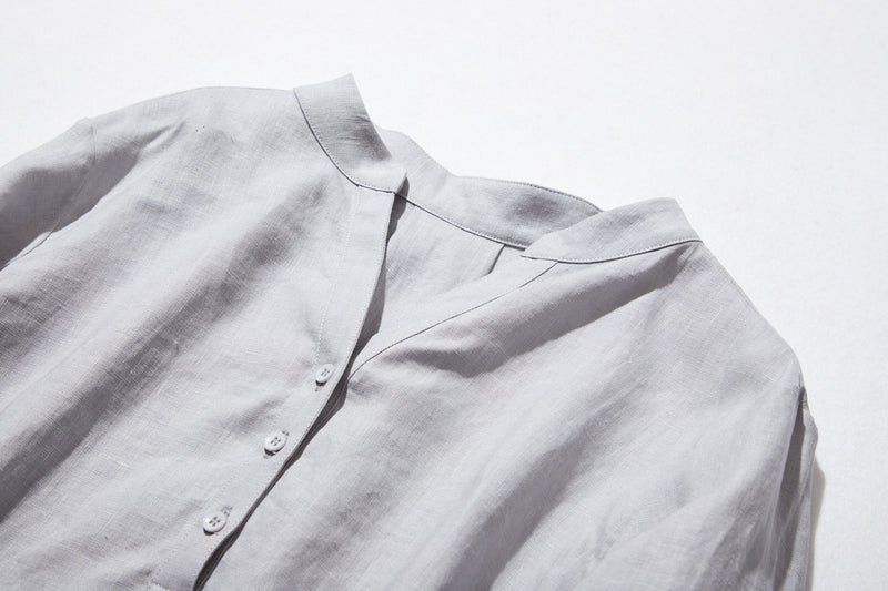 「我的新標準」精緻船長襯衫，您現在可以信賴，V 領長袖亞麻襯衫 220401