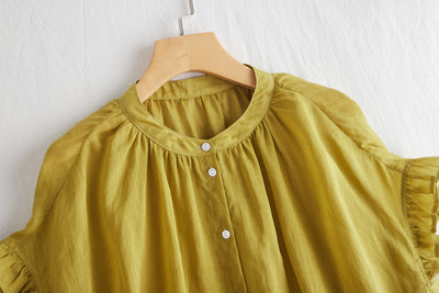 さらりと着心地良い　夏の定番シャツブラウス フリル袖 麻100％　220513