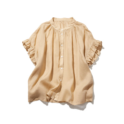 さらりと着心地良い　夏の定番シャツブラウス フリル袖 麻100％　220513