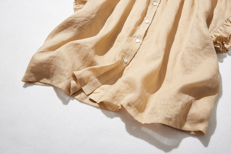 さらりと着心地良い　夏の定番シャツブラウス フリル袖 麻100％　220513