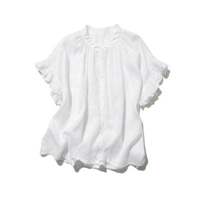 さらりと着心地良い　夏の定番シャツブラウス フリル袖 麻100％　220513